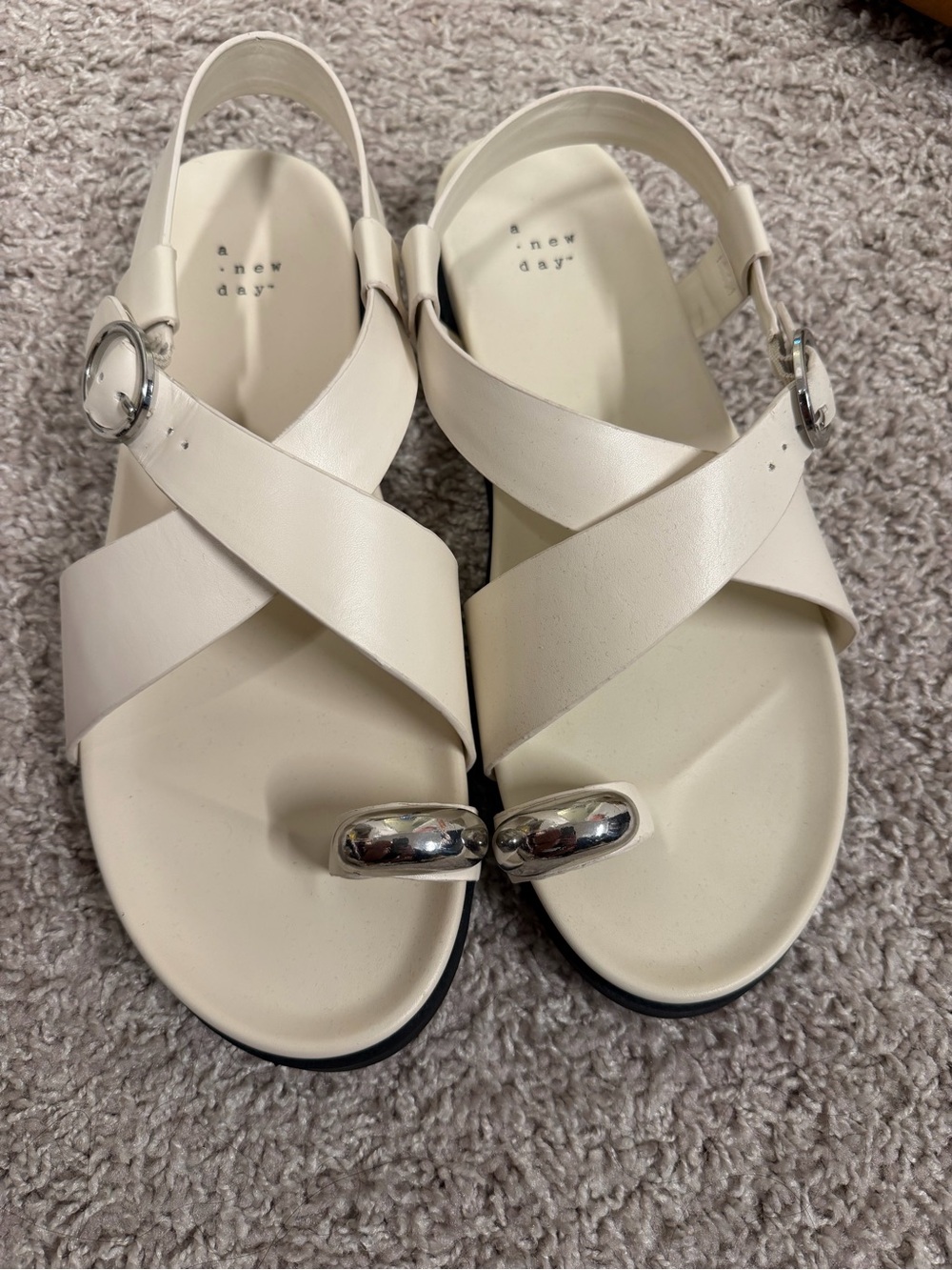 a new day Cream Cross-Strap Sandals with Silver Toe Accent